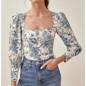 Reformation Top Stilton Linen Pompadour Blue Floral Regency Cottagecore Spring